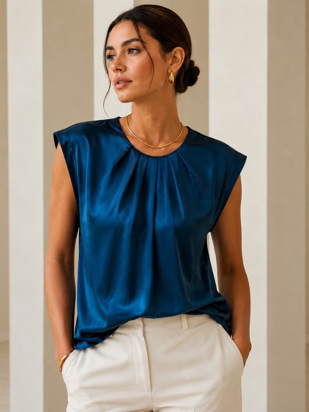 Quiet Luxury Peacock Blue Satin Blouse | Minimalist Resort Chic Top | Small